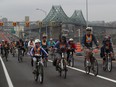 Cyclists  cross the Jacques Cartier Bridge during the Tour de l’Île om Sunday, June 5, 2016.