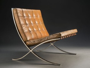 The Barcelona Chair was designed in 1929 by Ludwig Mies van der Rohe. This one, made by Knoll International of New York in about 1960, used stainless steel and leather. See it in the exhibition called Partners in Design: Alfred H. Barr, Jr. and Philip Johnson at the Museum of Fine Arts.