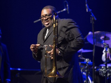 MONTREAL, QUE.: JULY 9, 2016 -- A trombone player with The Preservation Hall Jazz Band dances, as they brought the sounds of New Orleans  at the Montreal International Jazz Festival at Theatre Maisonneuve in Montreal, Saturday July 9, 2016. 
(Vincenzo D'Alto / Montreal Gazette)