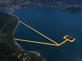 An aerial view of the installation The Floating Piers by Bulgarian-born artist Christo Vladimirov Yavachev known as Christo, on the Lake Iseo, northern Italy, June 18, 2016.