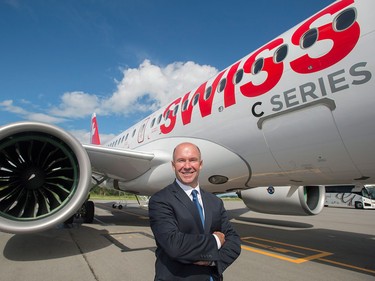 Alain Bellemare, CEO of Bombardier, in front of the first CS 100 to be delivered by Bombardier in Montreal on Wednesday June 29, 2016.