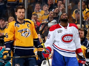 NASHVILLE, TN - JANUARY 30:  Shea Weber #6 of the Nashville Predators and P.K. Subban #76 of the Montreal Canadiens look on in the AMP Energy NHL Hardest Shot during the 2016 Honda NHL All-Star Skill Competition at Bridgestone Arena on January 30, 2016 in Nashville, Tennessee.