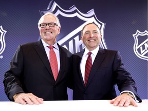 New Las Vegas NHL franchise owner Bill Foley and commissioner Gary Bettman of the National Hockey League pose for a photo during the Board of Governors Press Conference prior to the 2016 NHL Awards at Encore Las Vegas on June 22, 2016 in Las Vegas, Nevada. The NHL's board of governors approved expanding to Las Vegas, making the franchise the 31st team in the league. The team will start play during the 2017-18 season and play at the newly built T-Mobile Arena.