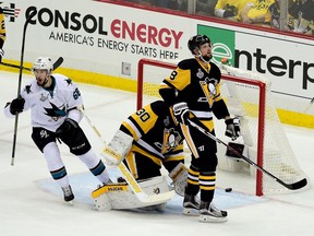 Melker Karlsson (#68) of the San Jose Sharks celebrates after scoring a goal against Matt Murray (#30) of the Pittsburgh Penguins during the first period in Game Five of the 2016 NHL Stanley Cup Final at Consol Energy Center on June 9, 2016 in Pittsburgh, Pennsylvania.