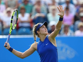 Getting ready for Wimbledon: Eugenie Bouchard plays women's singles match against Agnieszka Radwanska of Poland at WTA Aegon International on June 22 in Eastbourne, England. Radwanska won the match 6-3, 6-3.