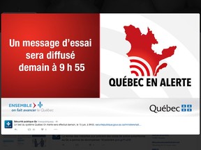 A message on Quebec's public security ministry's Twitter account warns of an emergency test message planned for Wednesday.