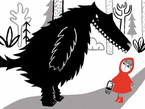 An inside spread from Little Red, by Bethan Woollvin, in which the wolf encounters a wary Red on the path to her grandmother's house.