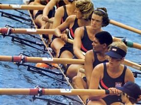 The U.S. women's eight rowing team finished in the third place at the 1976 Montreal Olympic Games on July 18.