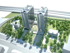 Plans for two condo towers on the site of a former Franciscan monastery on René-Lévesque Blvd. W. The towers would rise between two historic houses.