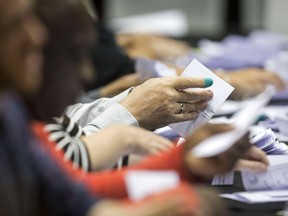 Ballots are counted at the Manchester Central Convention Complex where the EU referendum vote count is taking place in Manchester, north west England on June 23, 2016. Voting has ended in Thursday's historic British referendum on EU membership, with the final opinion poll pointing to a slender victory for the "Remain" campaign.