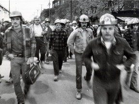 Construction workers involved in building 1976 Montreal Olympics facilities.