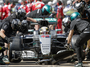 Mercedes Formula One driver Lewis Hamilton makes a pit stop during the second practice session for the Formula One Canadian Grand Prix at the Circuit Gilles-Villeneuve in Montreal on Friday, June 10, 2016.