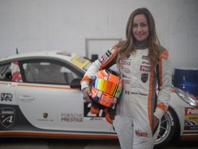Porsche GT3 driver Valérie Chiasson in her garage during the Formula One Canadian Grand Prix at Circuit Gilles-Villeneuve in Montreal on Sunday, June 12, 2016.