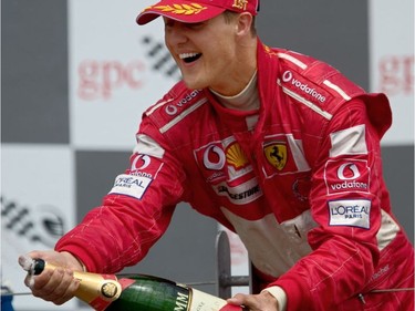 Former Ferrari racer Michael Schumacher, of Germany, celebrates the seventh Canadian Grand Prix win of his career in 2004. “Montreal is a great city. It feels like the whole city gets involved and creates a really nice atmosphere,” he said in 2011.