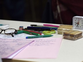 A student's desk at exam time.