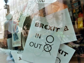 A poster featuring a Brexit vote ballot with "out" tagged is on display at a book shop window in Berlin on June 24, 2016.