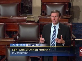 This frame grab provided by C-SPAN shows Sen. Chris Murphy, D-Conn. speaking on the floor of the Senate on Capitol Hill in Washington, Wednesday, June 15, 2016, where he launched a filibuster demanding a vote on gun control measures. The move comes three days after people were killed in a mass shooting in Orlando.