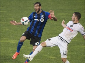 Montreal Impact's Ignacio Piatti, left, challenging Philadelphia's Keegan Rosenberry on May 14, 2016, leads the team this season with eight goals in 13 games, tied for third in Major League Soccer scoring.