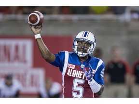Montreal Alouettes quarterback Kevin Glenn fires a pass during fourth quarter CFL football action against the Ottawa Redblacks, in Montreal on Thursday, June 30, 2016.