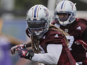 Alouettes Linebacker Bear Woods takes part in training camp drill at Bishop's University in Lennoxville on Sunday, May 29, 2016.