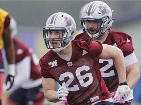 Linebacker Nicholas Shortill takes part in the Montreal Alouettes' training camp at Bishop's University in Lennoxville on Sunday, May 29, 2016.