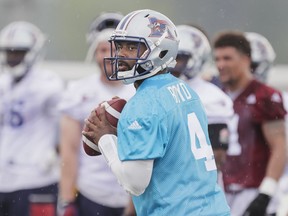 Quarterback Tajh Boyd looks for a receiver during Alouettes training camp at Bishop's University in Lennoxville on May 29, 2016.