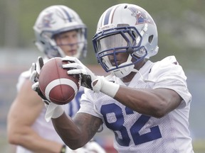 Jerry Rice Jr. takes part in the Montreal Alouettes' training camp at Bishop's University in Lennoxville on Sunday, May 29, 2016.