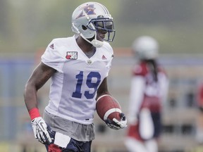Slotback S. J. Green takes part in the Montreal Alouettes training camp at Bishop's University in Lennoxville on Sunday, May 29, 2016.