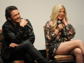 Tori Spelling and James Franco  promoting Mother May I Sleep With Danger? on June 7, 2016 in New York City.
