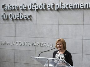 Lisette Lapointe, wife of former Quebec premier Jacques Parizeau, addresses a ceremony for the renaming of the Caisse de dépôt et placement du Québec head office after Jacques Parizeau Thursday, June 2, 2016 in Montreal.