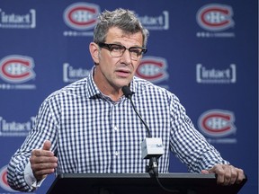 Montreal Canadiens General Manager Marc Bergevin speaks to reporters in Brossard, Que., Wednesday, June 29, 2016, where he answered questions regarding the trade of P.K. Subban to the Nashville Predators.