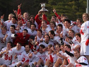 McGill Redmen players hoist the Baggataway Cup after winning the men's university field lacrosse title in 2012.Organizers of the The 150th anniversary of lacrosse in Canada chose McGill for the site of the event because of its long lacrosse history. McGill’s varsity team was founded in 1873 and it has had a women’s team since 1921.