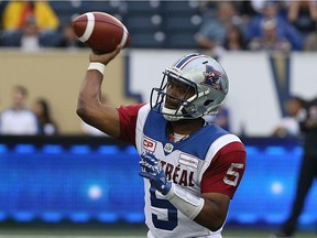 Montreal Alouettes QB Kevin Glenn throws a pass during CFL pre-season action against the Winnipeg Blue Bombers in Winnipeg on  June 8, 2016.