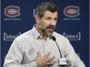 Montreal Canadiens GM Marc Bergevin speaks to the media after team practice at the Bell Sports Complex in Brossard near Montreal Thursday, January 21, 2016.