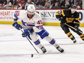 Canadiens defenceman Mark Barberio controls the puck during game against the Boston Bruins during game at Montreal's Bell Centre on Jan. 19, 2016.