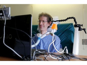 MONTREAL, QUE.: JULY 23, 2013--Archie Rolland depends on a ventilator to breath, to communicate, he types one letter at a time using special glasses that interact with a laptop that sits on his hospital bed. Rolland is in the advanced stages of a neurodegenerative disease called ALS or Lou Gehrig's disease and his lived at the The Montreal Chest Institute where he is pictured in Montreal on Tuesday July 23, 2013.  (Allen McInnis / THE GAZETTE)  ORG XMIT: 47388 ORG XMIT: POS1307231534456961