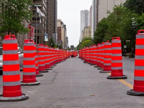 Construction cones at McGill College St. and Sherbrooke St. looking west in 2012.