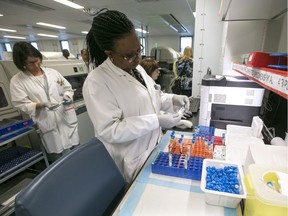 Medical technologist Beby Chihanza, centre, manages samples coming off the automated line at the central labs at the MUHC.  The labs were inaugurated Wednesday.