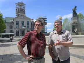 Réjean Charbonneau, right, and André Cousineau are among historians unhappy with events marking the founding of Montreal: While millions are being lavished on light shows and modern sculptures, projects exploring the city’s history are being rejected, they say.