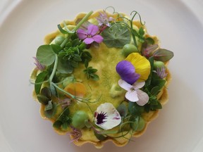 The pea tart was the best dish of the night: a delicate pastry shell filled with hummus, followed by a mix of chick peas, fava beans and peas, finished with Asiago cheese cream, pea tendrils and flowers.