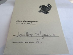 A  wedding invitation reply from Jonathan Mignacca for Vanessa Desjardins' wedding reception. The October 1, 2011 ceremony for the daughter of Raynald Desjardins happened to come between an attempt on her father's life and the murder of Mafioso Salvatore Montagna.