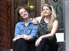 Comedians Natalie Willet, left, and Anne-Marie Dupras outside Chez Doris women's shelter June 27, 2016. They and other comedians will give a free show at the shelter.