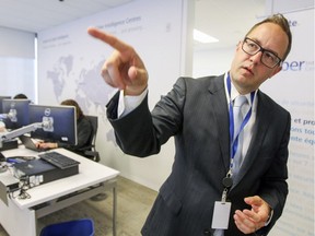 Robert Masse, Partner, Cyber Risk Services and Leader, Incident response team at Deloitte, describes the company's Cyber Intelligence Centre at their offices in Montreal Tuesday June 28, 2016.