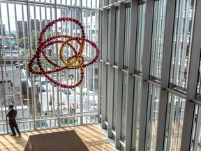 Only a single work is in place in the Michal and Renata Hornstein Pavilion for Peace: a sculpture by French contemporary artist Jean-Michel Othoniel of 212 mirrored glass and stainless steel beads attached in a stylized necklace of sorts.