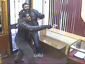 Still frames from surveillance video of attempted robbery of a Park Extension jewelry store. Robbers Richardson François (top) and Jerry Theodore were disfigured when one of the store owners splashed acid at them.