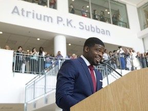 P.K. Subban announcing a pledge to raise $10 million over 7 years for the Montreal Children's Hospital Foundation, in the atrium at the hospital that now bears his name, in Montreal, Wednesday September 16, 2015. It's the largest philanthropic contribution by a sports figure in Canadian history.