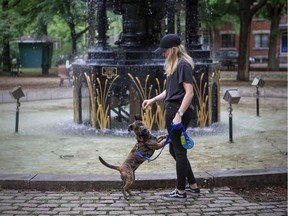 Nori the Dachshund - Pit Bull mix and Lauren Scholefield sharing a moment by the fountain in St-Henri Square.