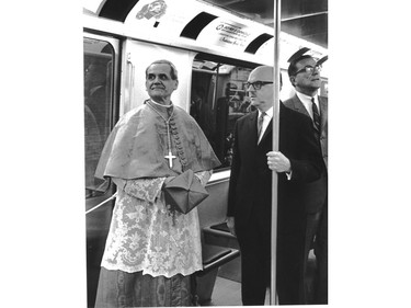 Paul-Emile Cardinal Leger and Mayor Jean Drapeau at the official métro opening in 1966. This photo was taken before the official christening ceremony on Oct. 14, 1966.