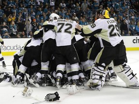 The Pittsburgh Penguins celebrate after their 3-1 victory to win the Stanley Cup against the San Jose Sharks in Game Six of the 2016 NHL Stanley Cup Final at SAP Center on June 12, 2016 in San Jose, California.