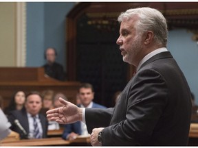 Quebec Premier Philippe Couillard responds to the Opposition on Transport ministry contracts, Thursday, May 19, 2016 at the legislature in Quebec City.